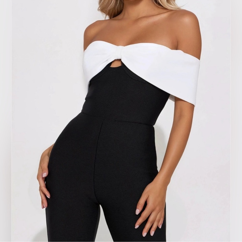 Fashion Nova Black and White Off-Shoulder Jumpsuit